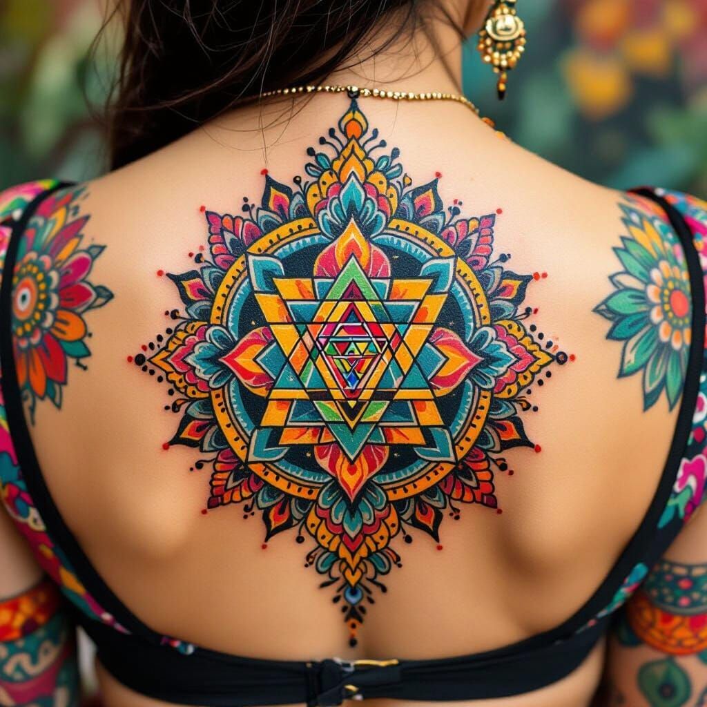 Shri Yantra Tattoo in Trash Polka Style