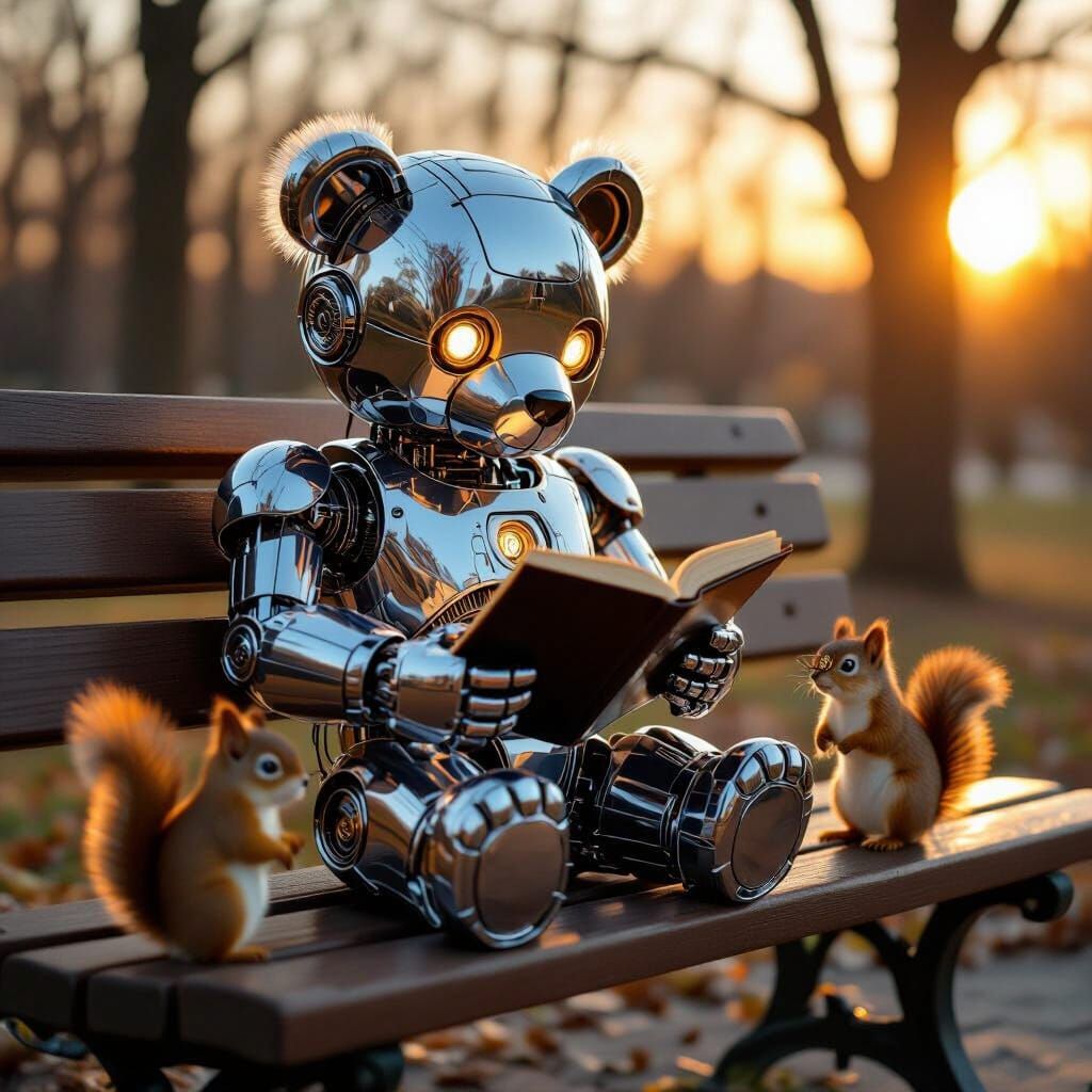 Robot Teddy Bear Reads to Squirrels: Cinematic Film Still
