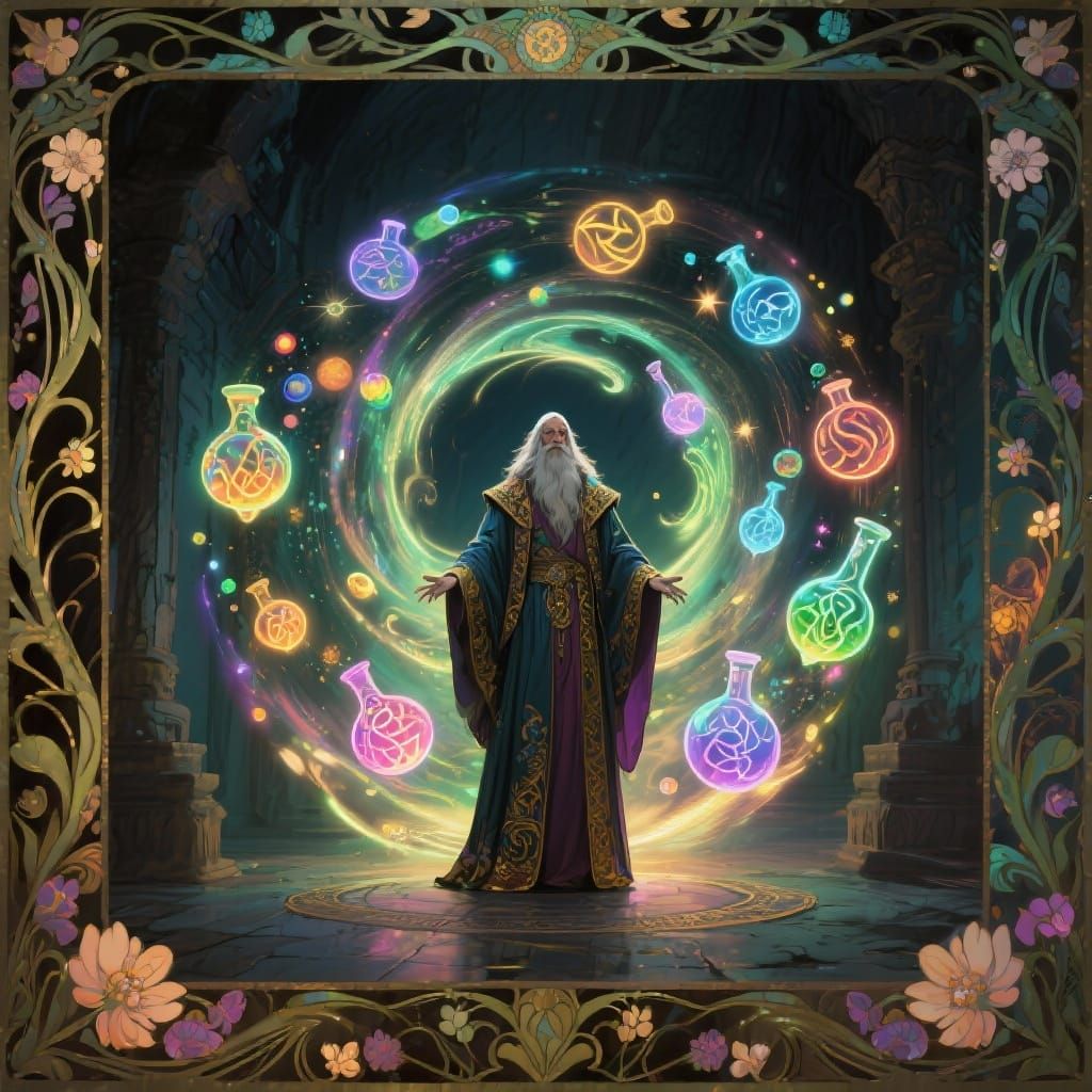 Art Nouveau Mage with Magic Potions and Runes