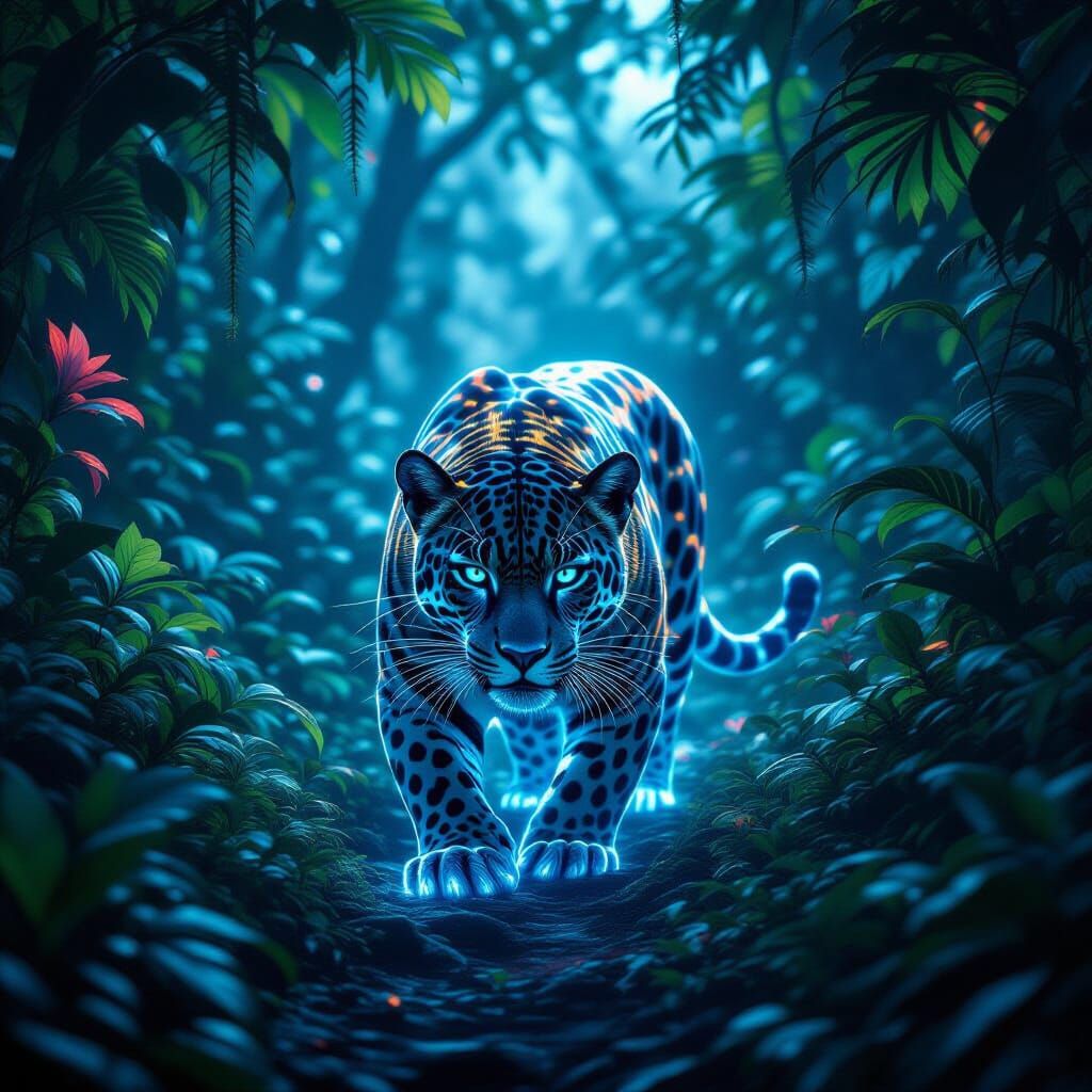 Bioluminescent Jaguar in Alien Jungle