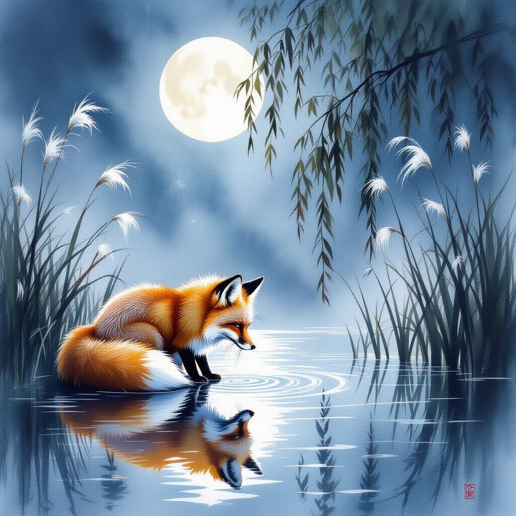 Mystical Fox Reflection by Moonlit Pond in Watercolor Style
