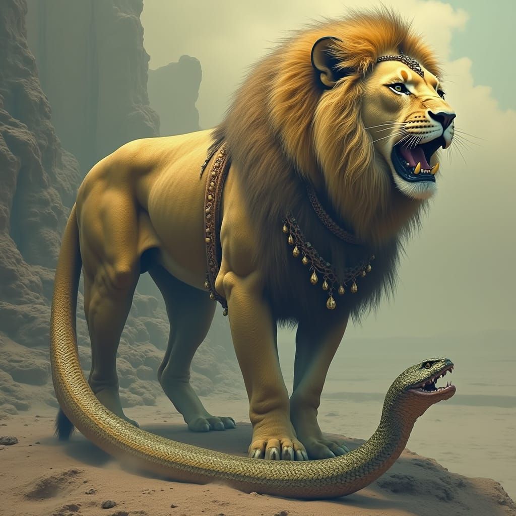 Lion-Snake Woman in Mystical Desert Landscape