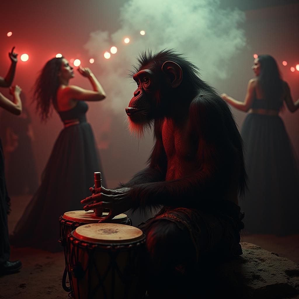 Demonic Chimp Drummer in Dark Cinematic Style