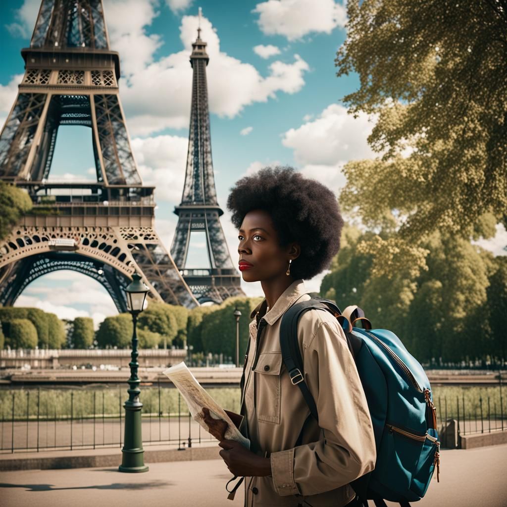 Woman with Backpack at Eiffel Tower, Cinematic Style