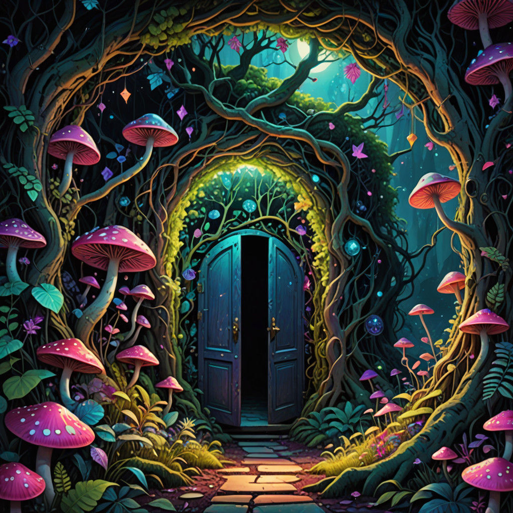 Surreal Astral Landscape with Alice Falling into a Cosmic Tu...