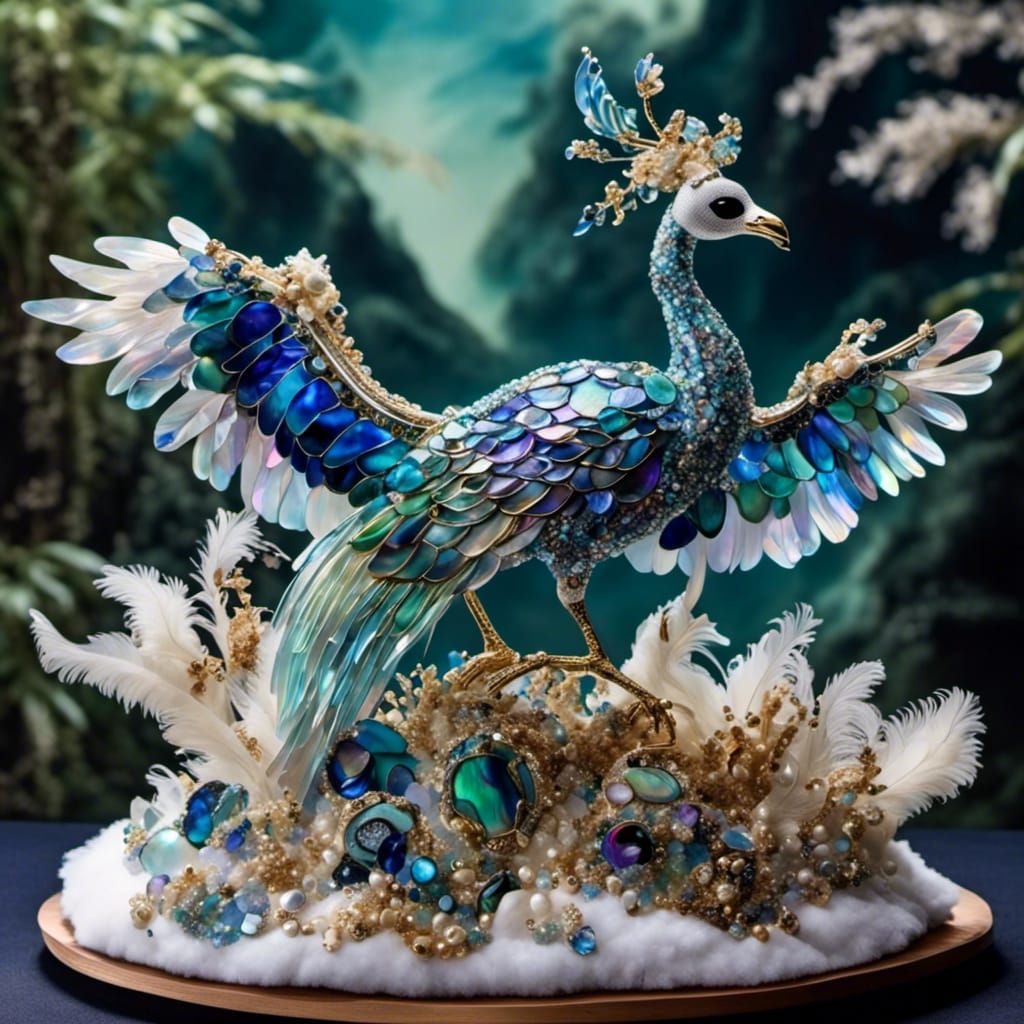 Tanzanite Abalone Cranes in Hyperreal Asian Style