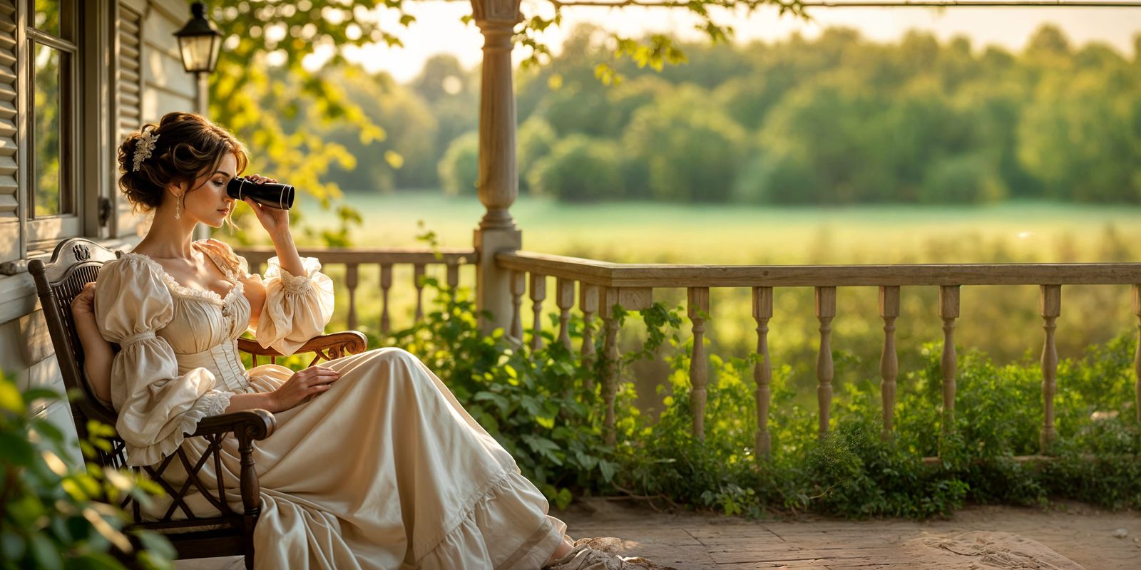 Victorian Lady on Porch in Art Nouveau Style