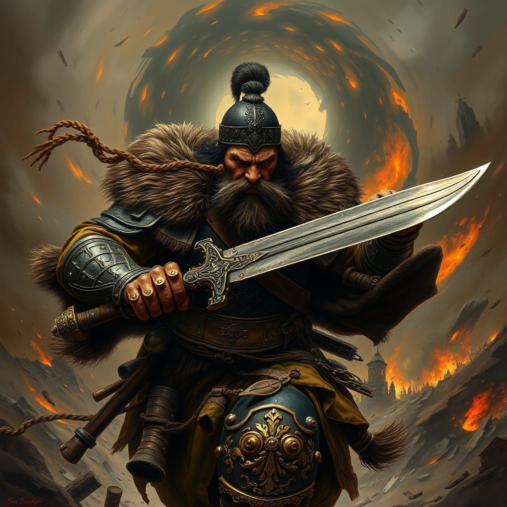 Grim Mongol Warrior in Battle Dress, Dark Fantasy Art