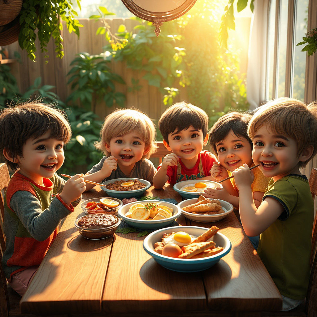 Whimsical Kids Savor Healthy Breakfast in Enchanted Kitchen