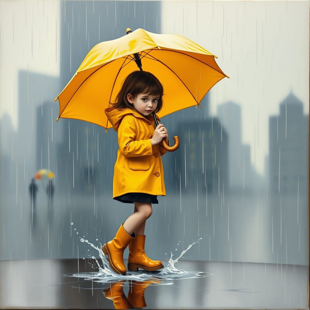 Surreal City Girl in Yellow Raincoat