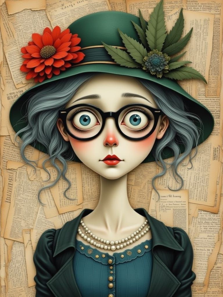 Whimsical Portrait of Older Woman with Expressive Eyes in Mi...