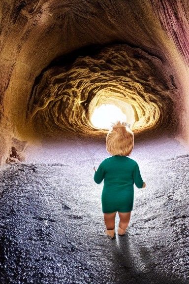 Giant Toddler Enters Scary Cave with Creepy Eyes
