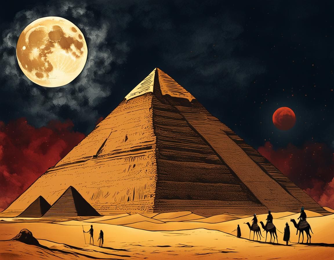 Egyptian Gods Amidst a Moonlit Pyramid Empire