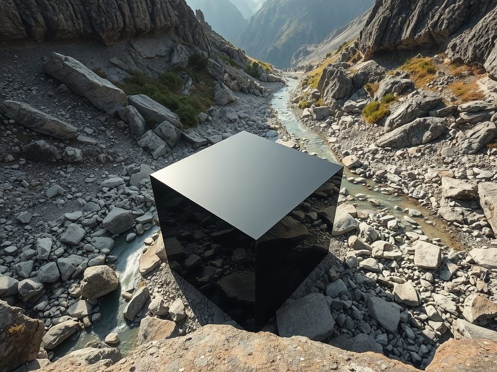 Massive Black Cube Amidst Rocky Riverbed in the Swiss Alps