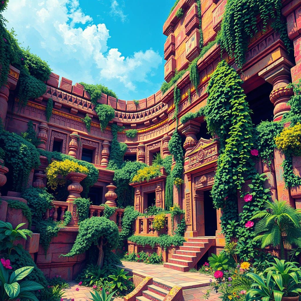 Ancient Mesopotamian Temple Complex in Vibrant Street Art St...