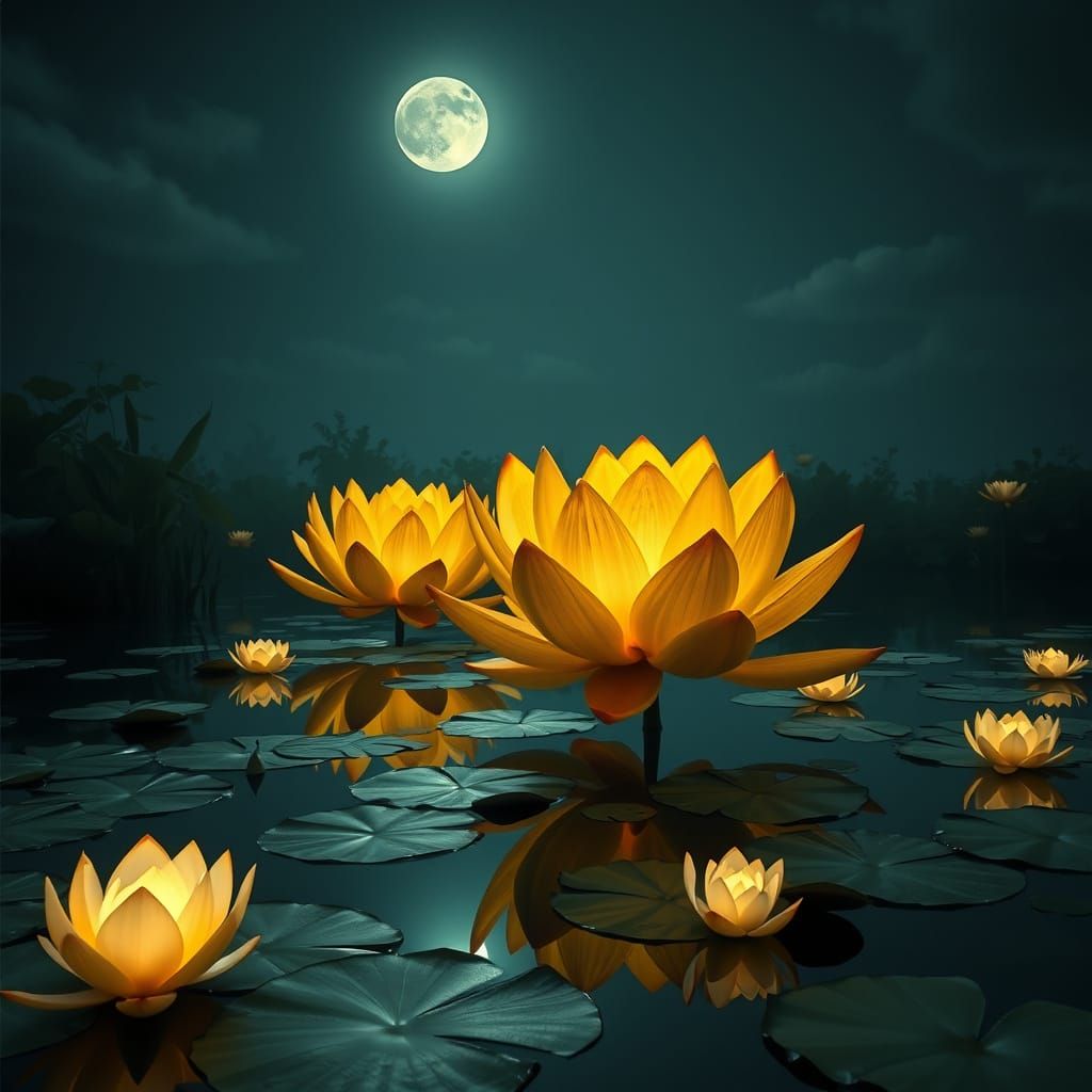 Golden Lotus Pond Under Moonlight in Hyperrealistic Style