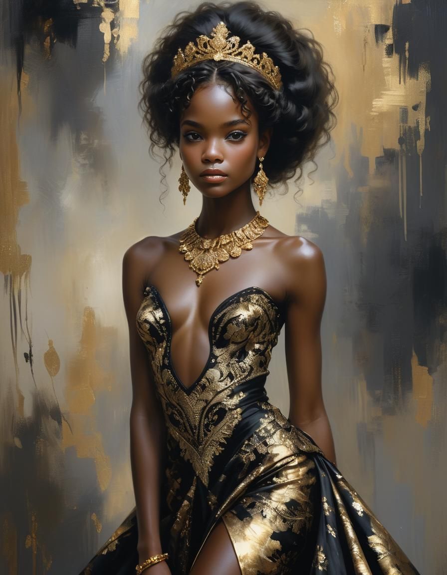 a high-quality, award-winning masterpiece of a Gorgeous ebony mocha skin princess in dazzling black and gold fashions wi...