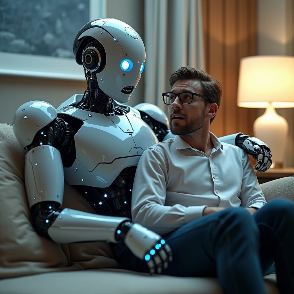 Robot Sits on Human in High-Tech Living Room