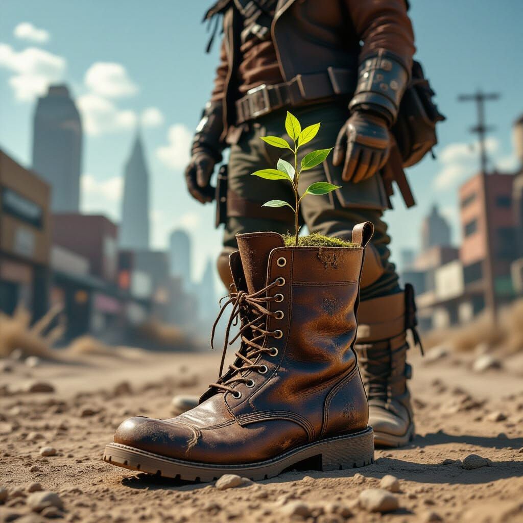 Dystopian Marauder with Sapling in Apocalyptic City