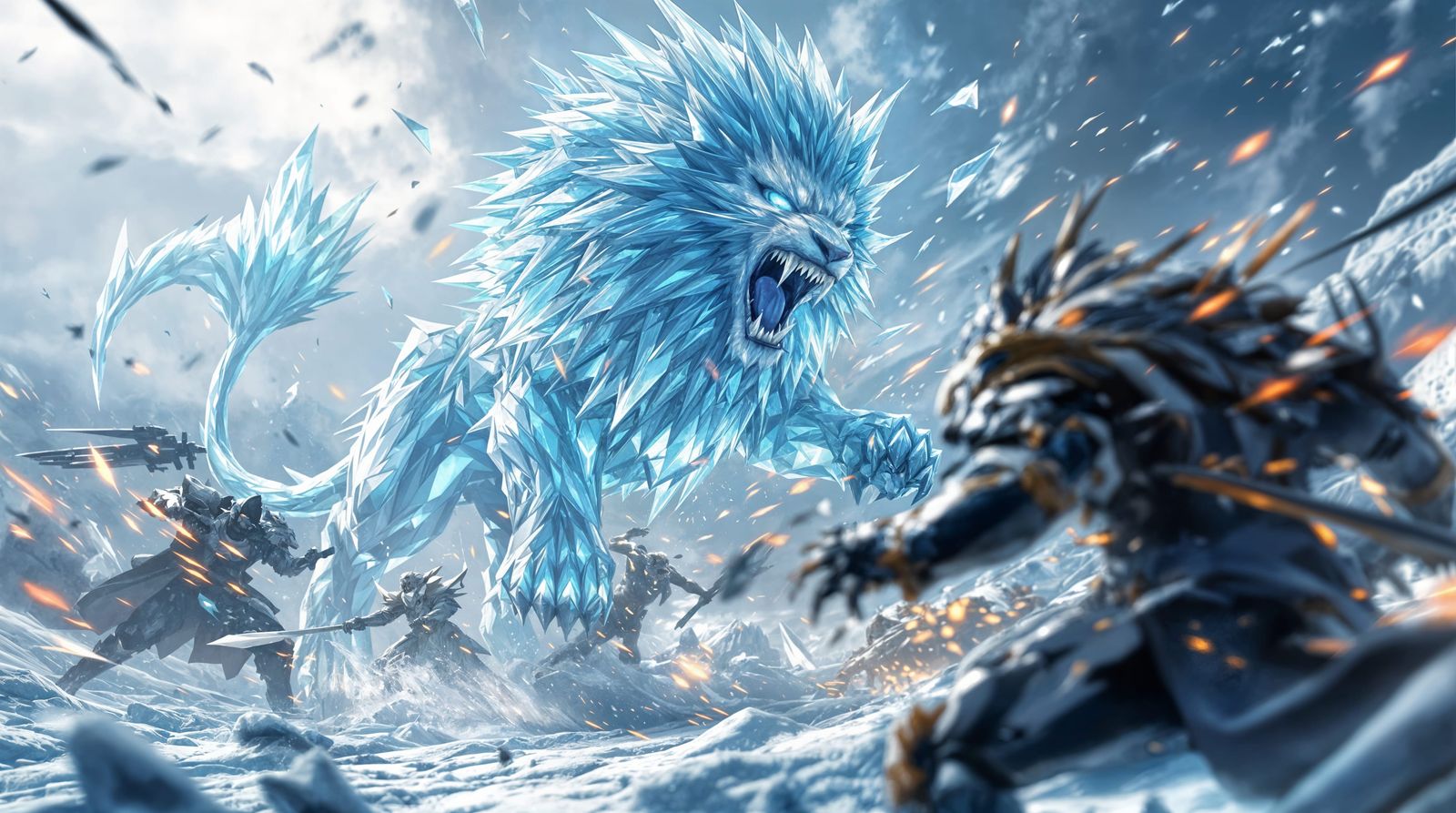 Ice-Lion Clash in Cyberpunk Anime Style