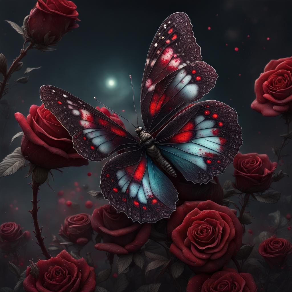 Zombie Butterfly on Red Rose, Detailed Dark Fantasy