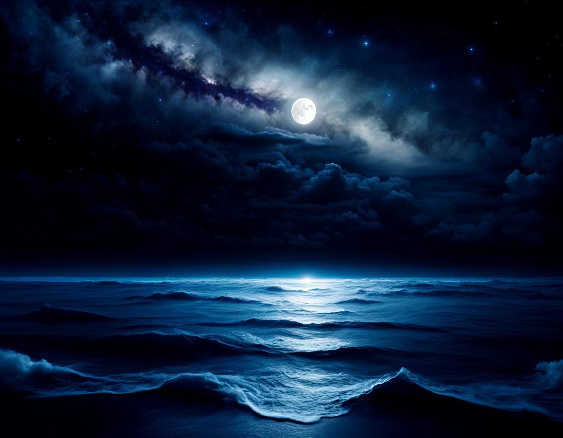 Interstellar Silver Moon Beneath Cloudy Nebulae Sea