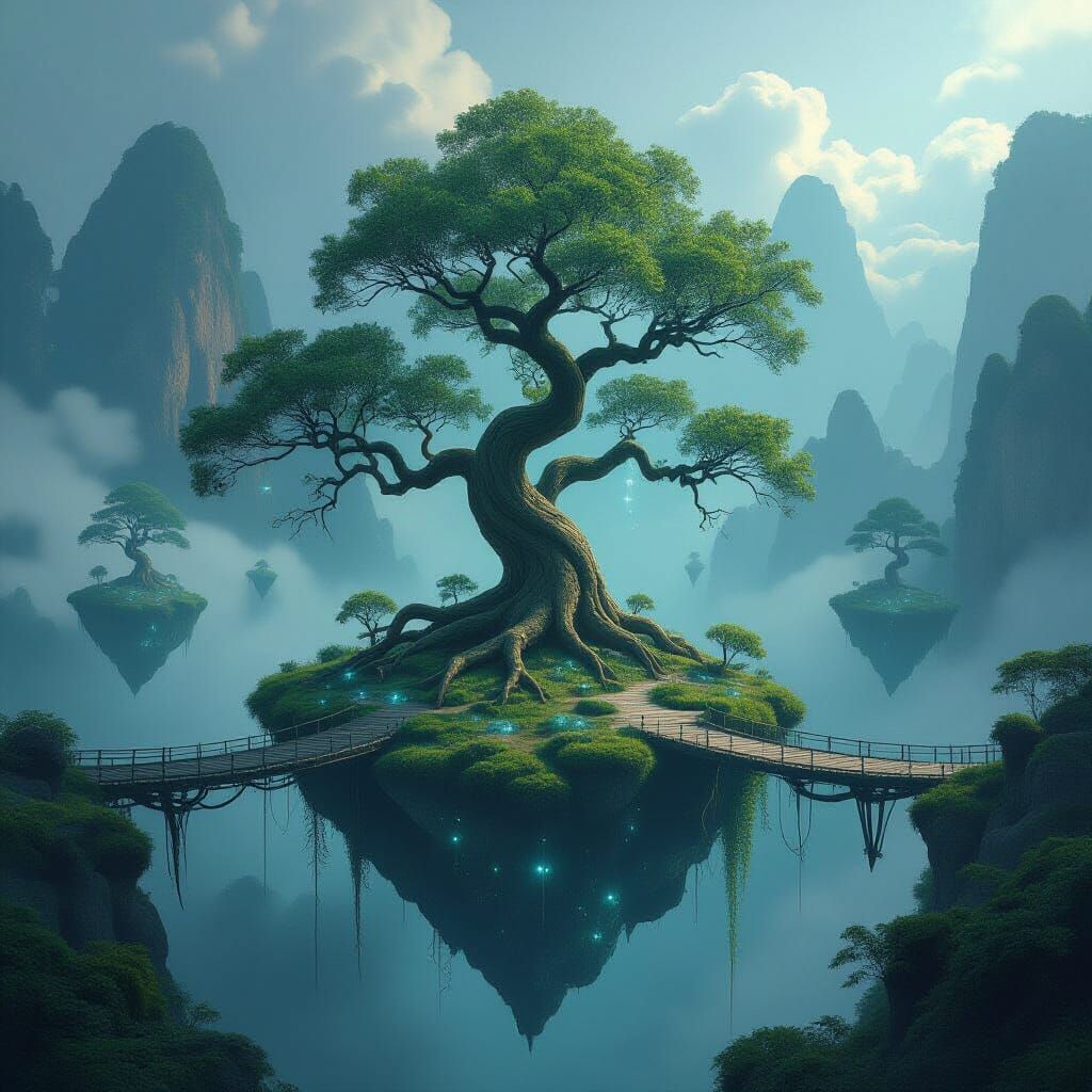 A lone, ancient tree stands on a floating island