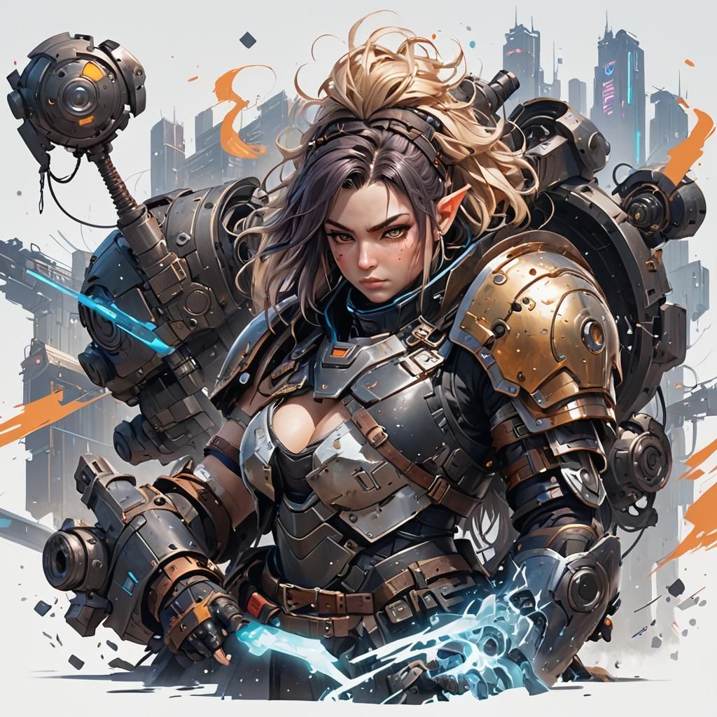 Cyberpunk Dwarf Warrior in Anime Graffiti Style