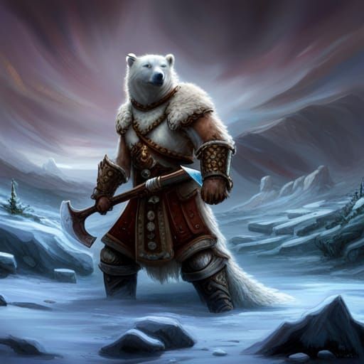 Humanoid Polar Bear Leading Barbarian Army on Tundra