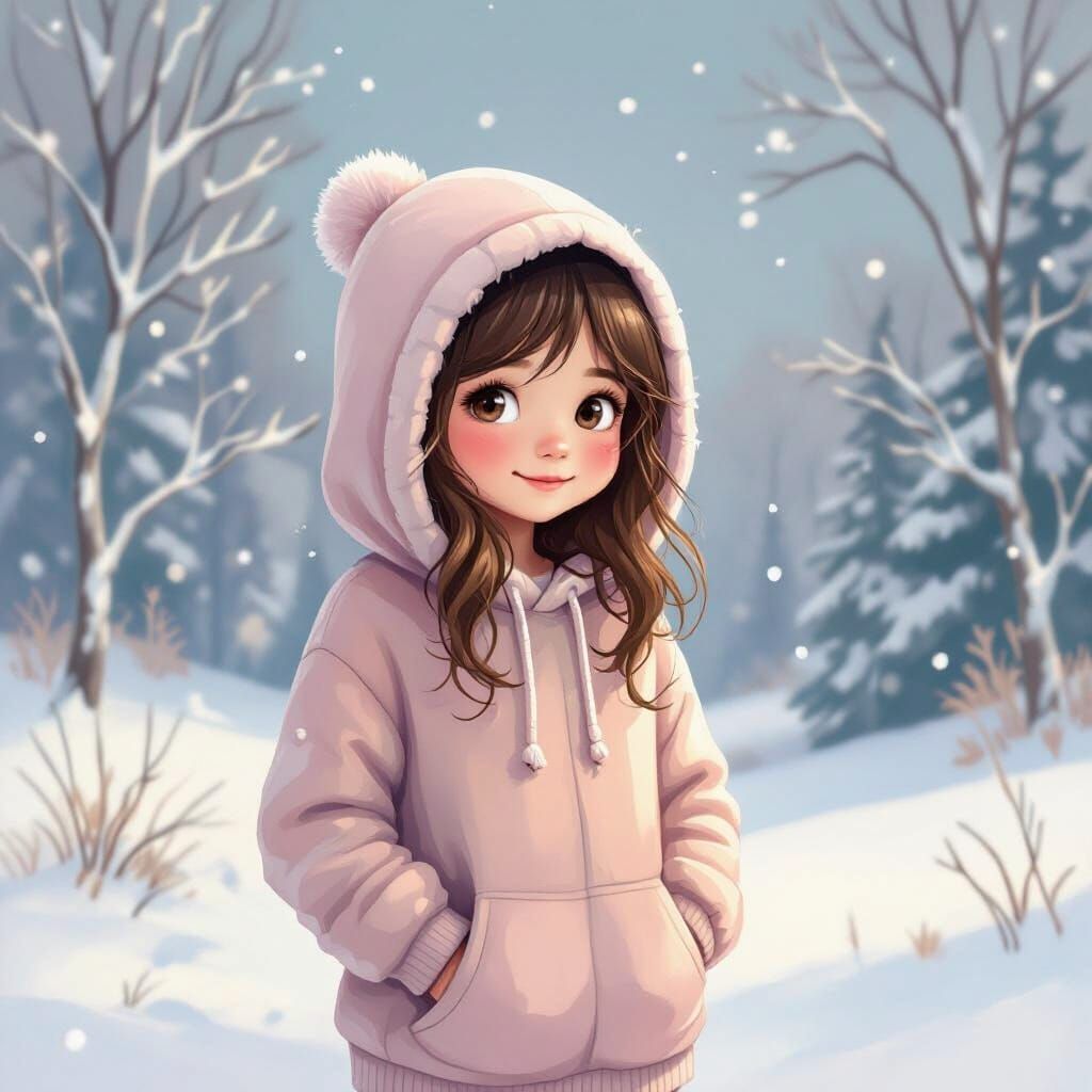 Cozy Girl in Hoodie Amidst Snowy Landscape