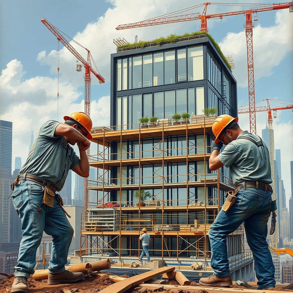 Construction Workers Building Modern Luxury Apartment Buildi...