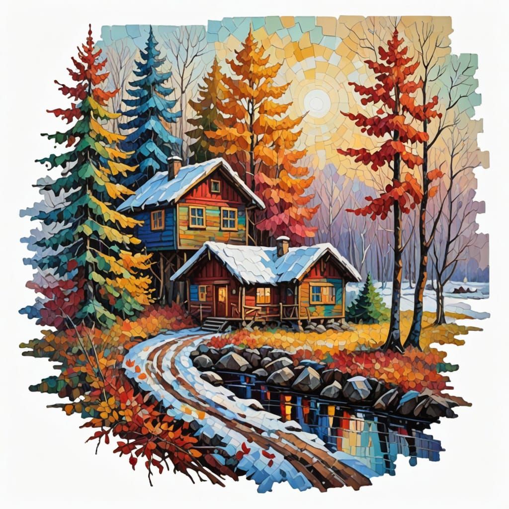 Vibrant Winter Cabin Amidst Red-Leaved Woods