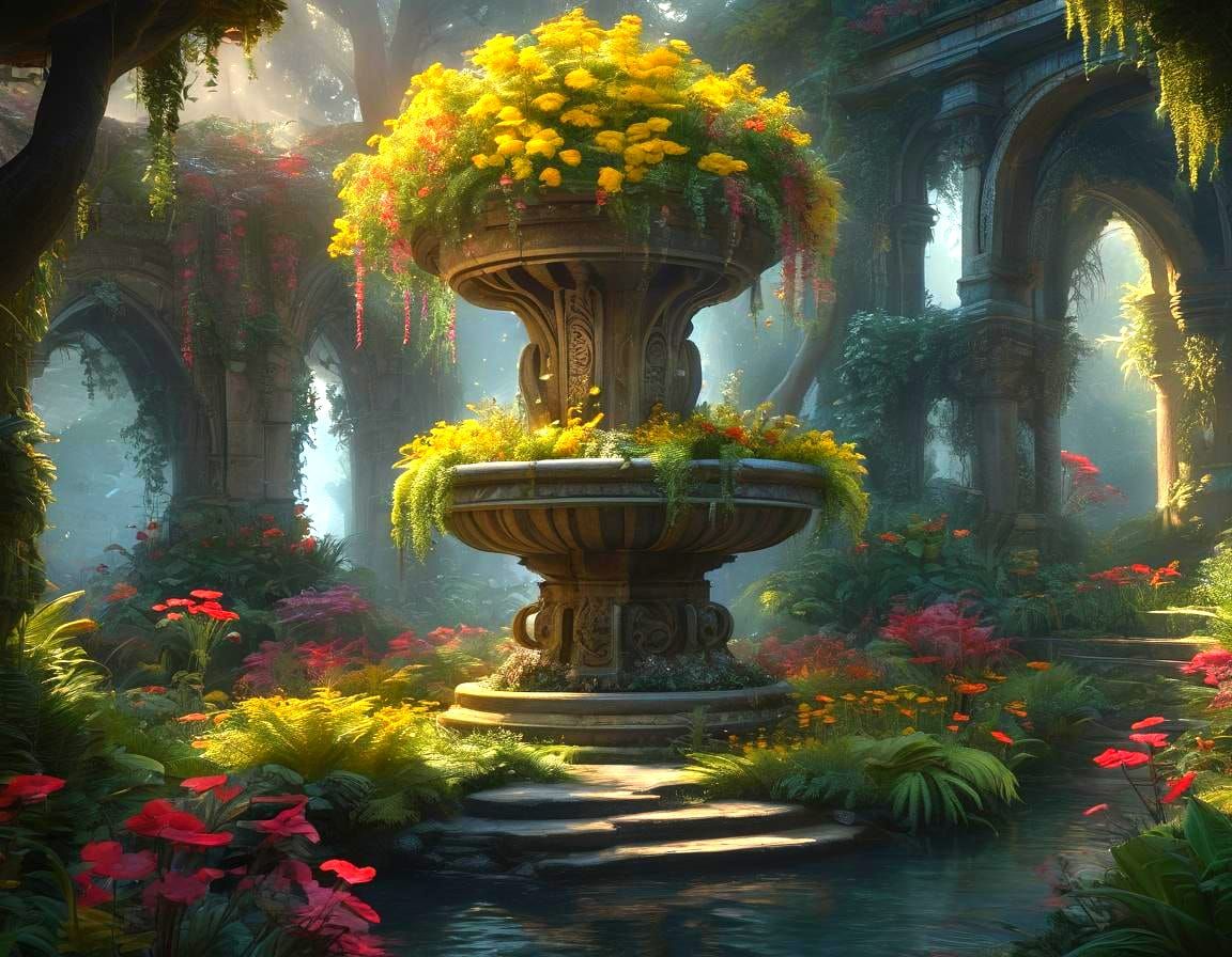 Enchanted Fountain Garden with Starry Skies