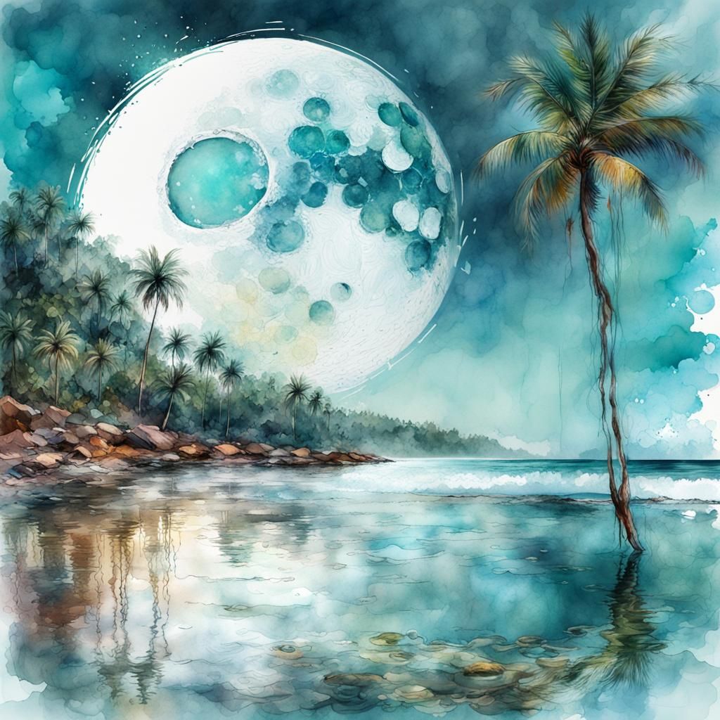 Giant Moon Over Tropical Sea in Digital Watercolor