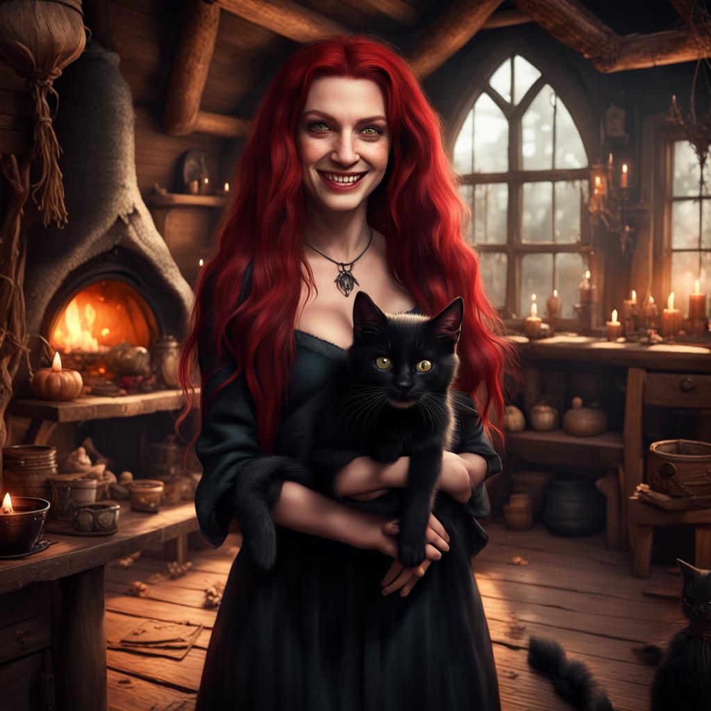 Beautiful Witch Petting Kitten in Cottage