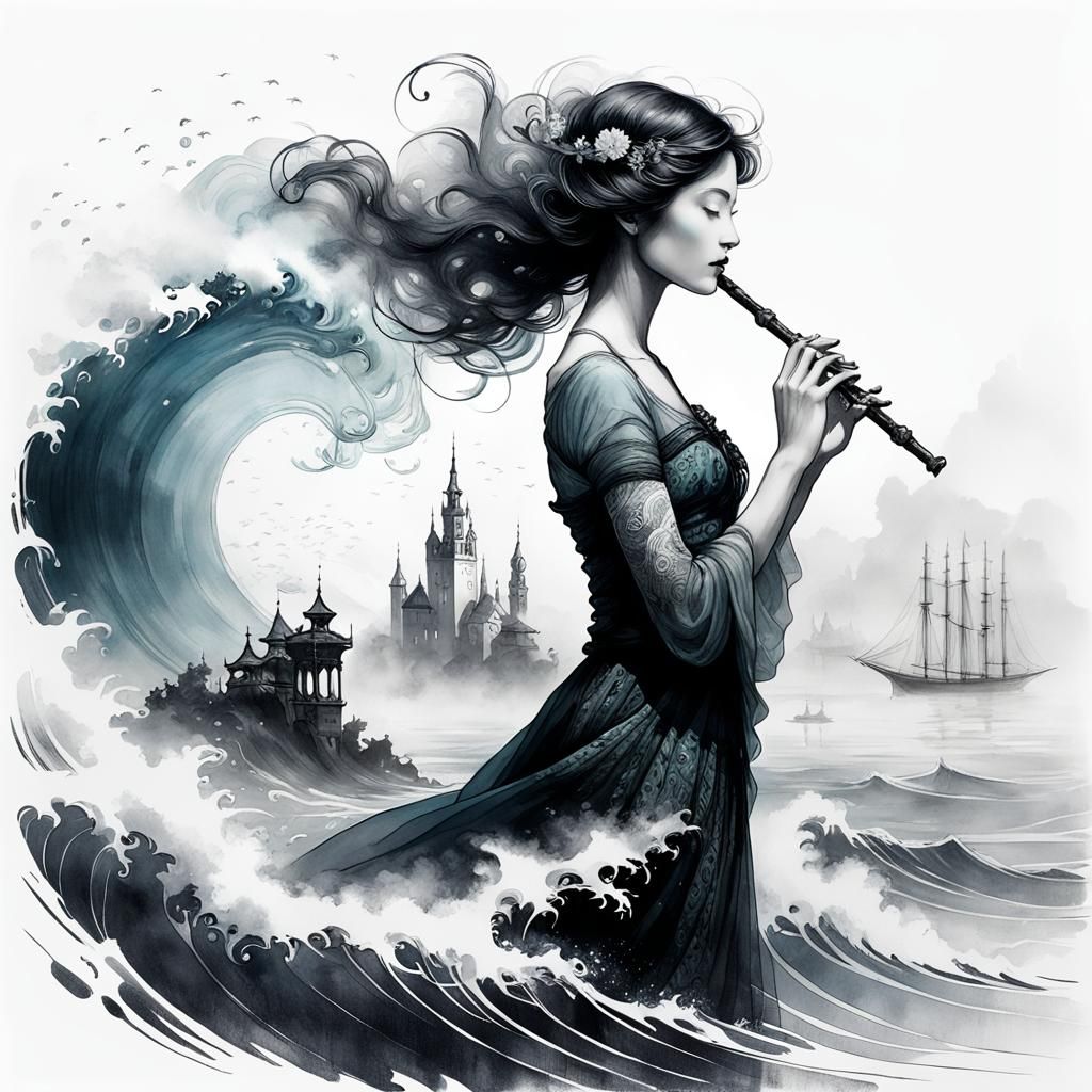 Mystical Sea Flute Sketch in Black and White