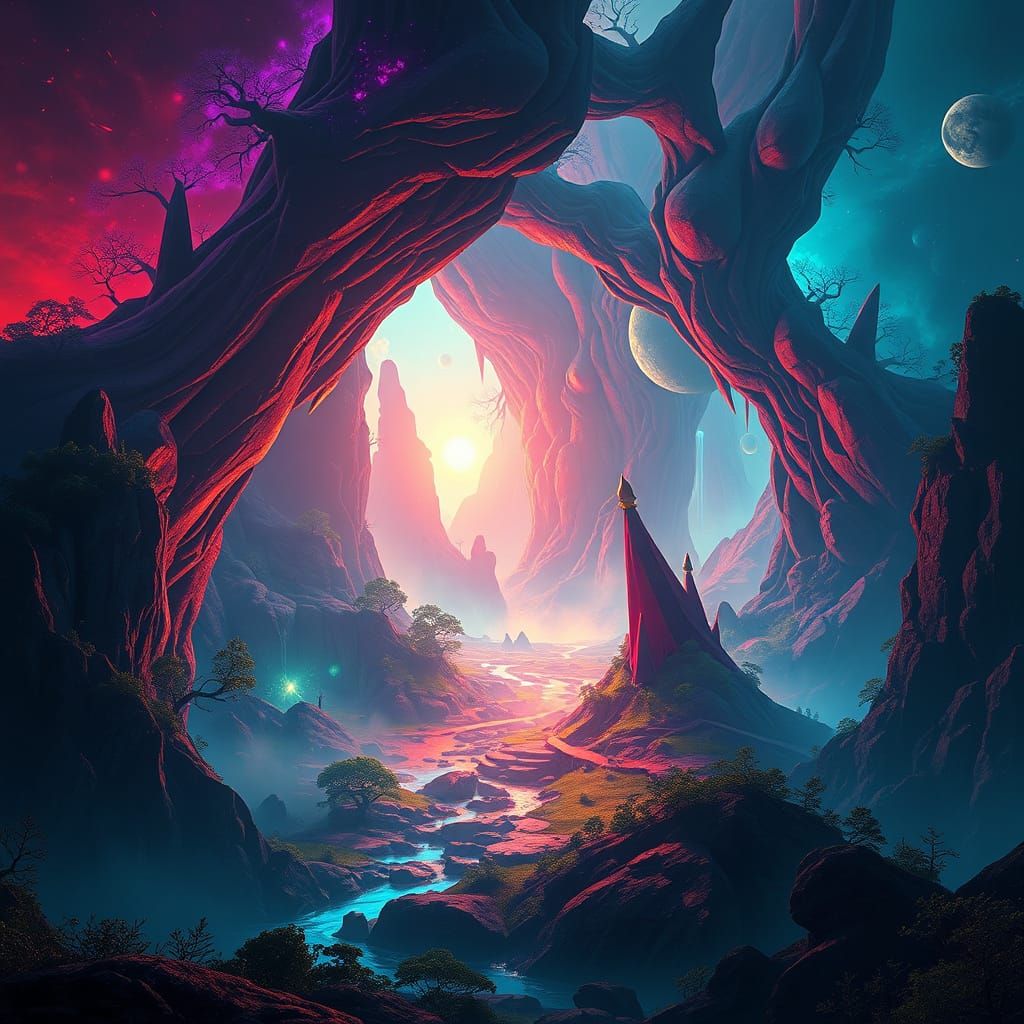 Ethereal Fantasy Realm Unfolds in Vibrant, High-Contrast Col...