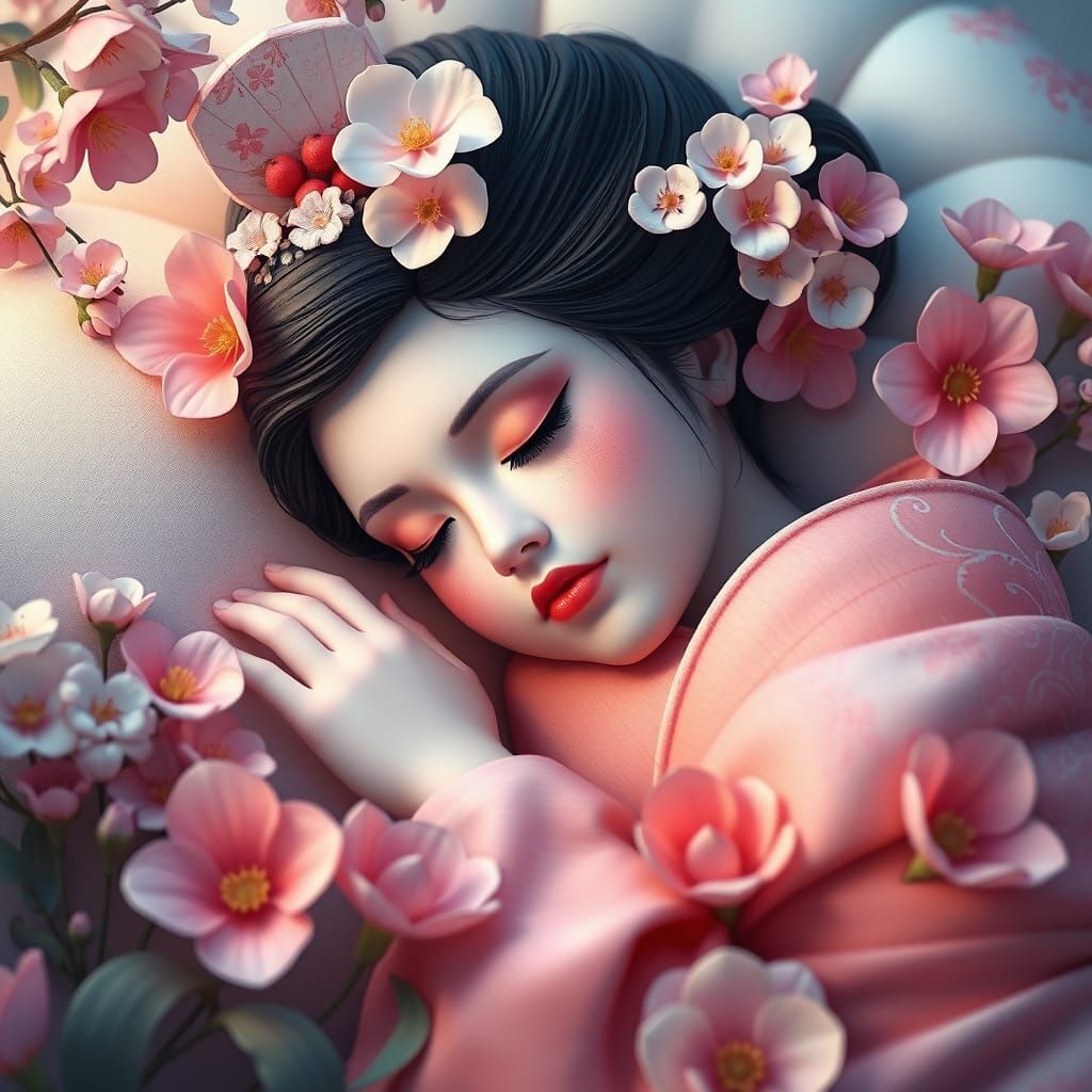 Ethereal Spring Geisha in Whimsical Bloom