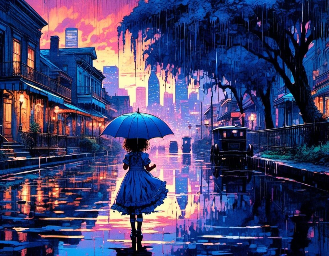 Little Girl in Rainy New Orleans with Indigo Coloring