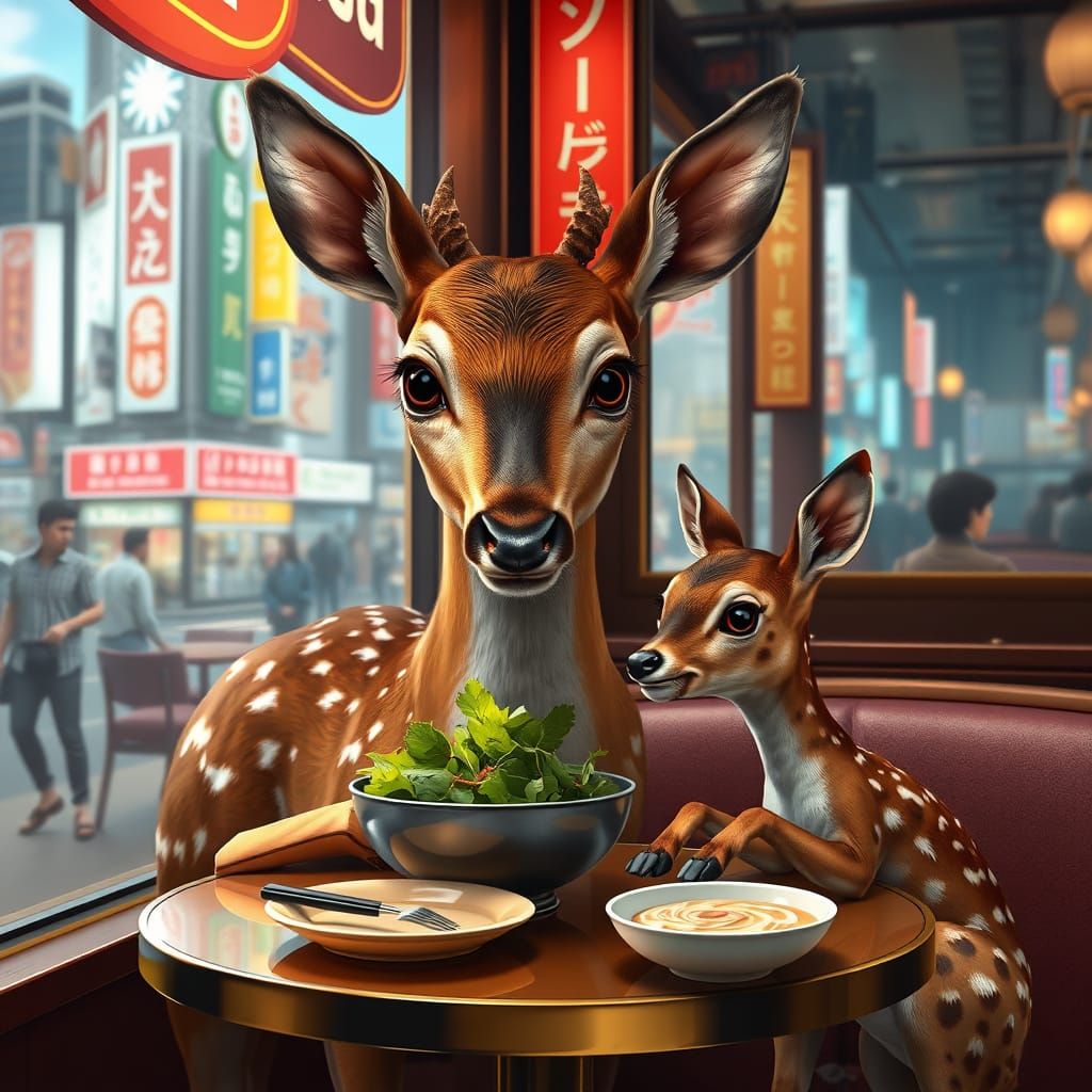 Majestic Doe and Baby Deer Enjoy Tokyo Cafe in Hyper-Realist...