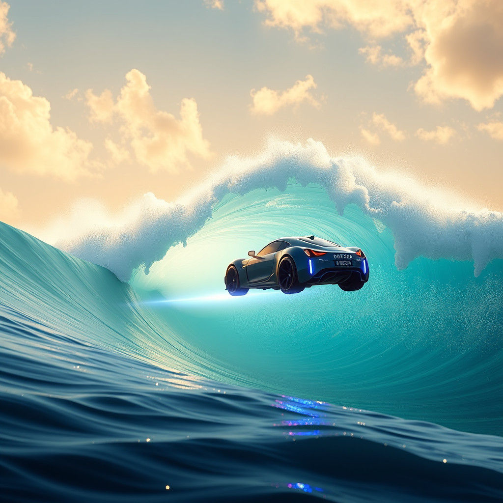 Robotic Car Surfing Ocean Wave in Futuristic Style