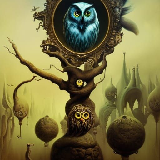 Surreal Owl in Salvador Dali Style Melting into Wonderland