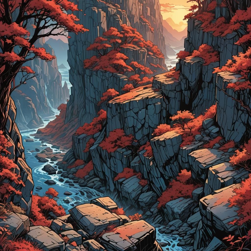 Colorful Stone Cliff at Dawn in Comic Book Art