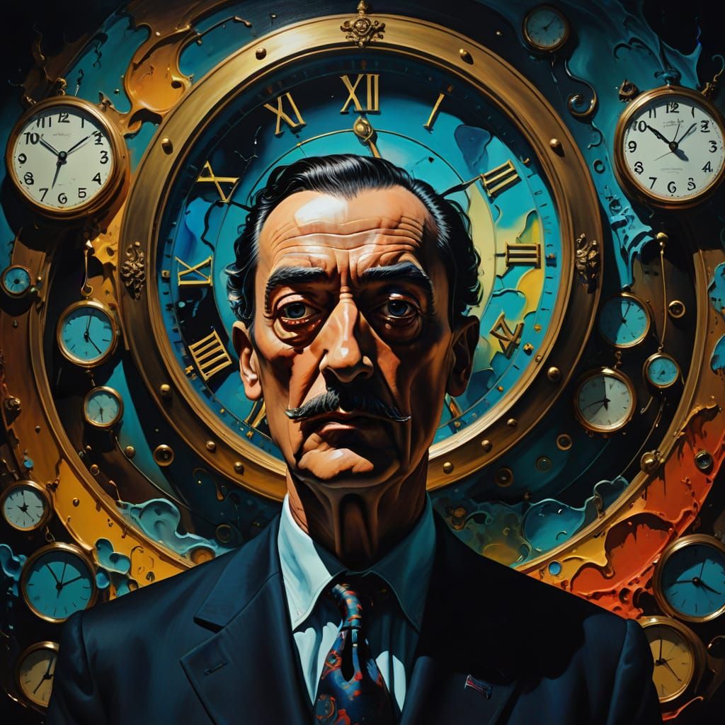 Surreal Portrait in Dark Room with Melting Clocks