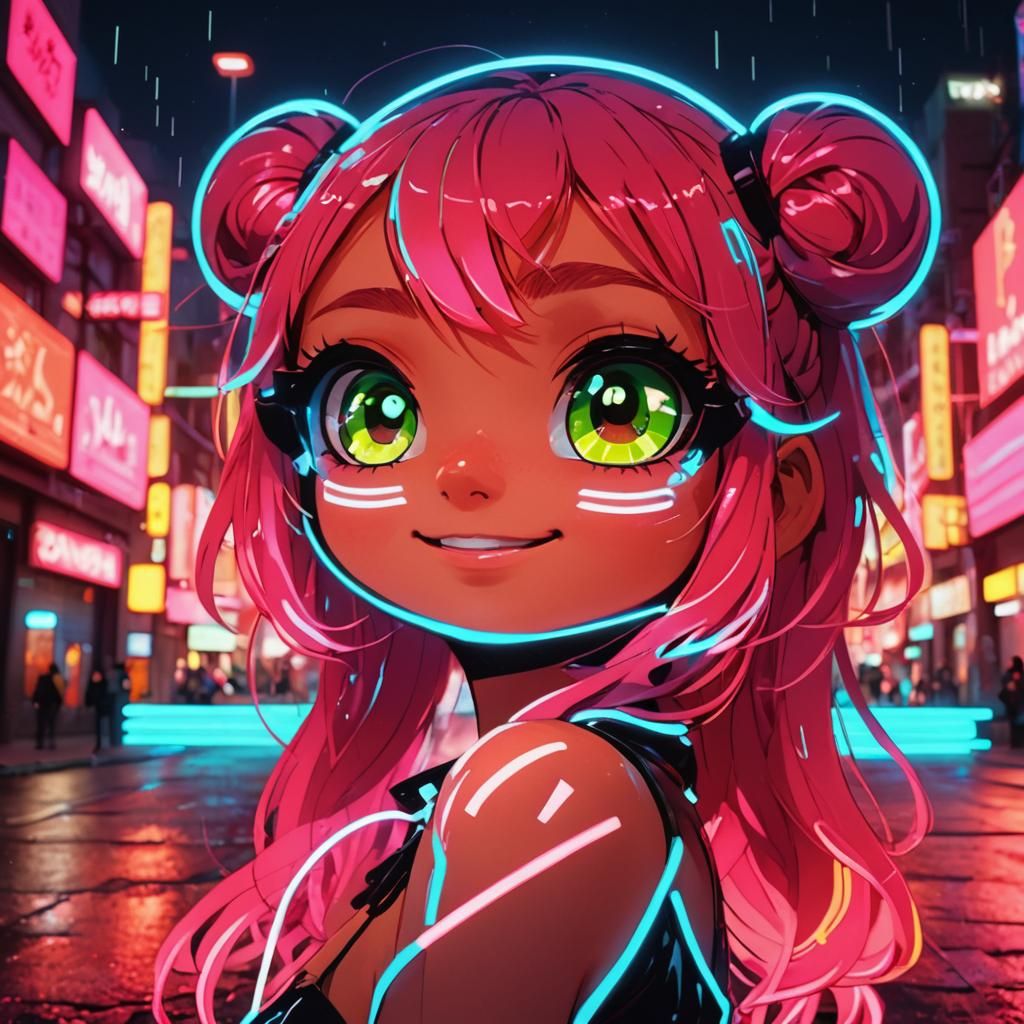 Surreal Anime-Inspired Girl Glows in Neon City Night