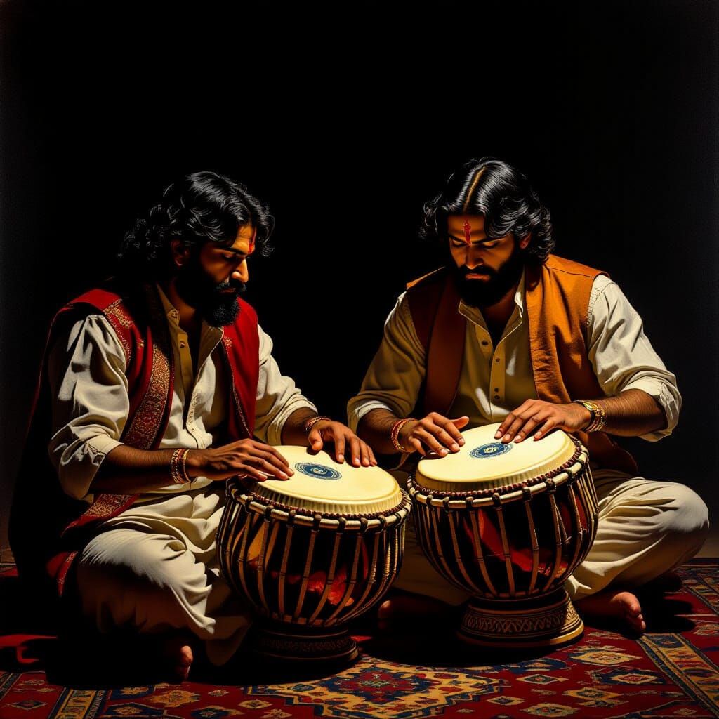 Indian Musicians Playing Tabla in Dramatic Chiaroscuro