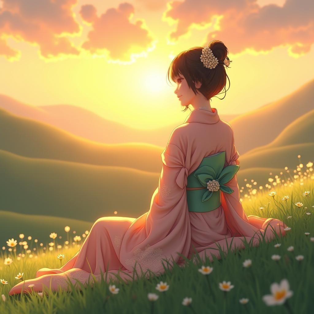 Anime Style Lady Enjoying Sunrise in Field