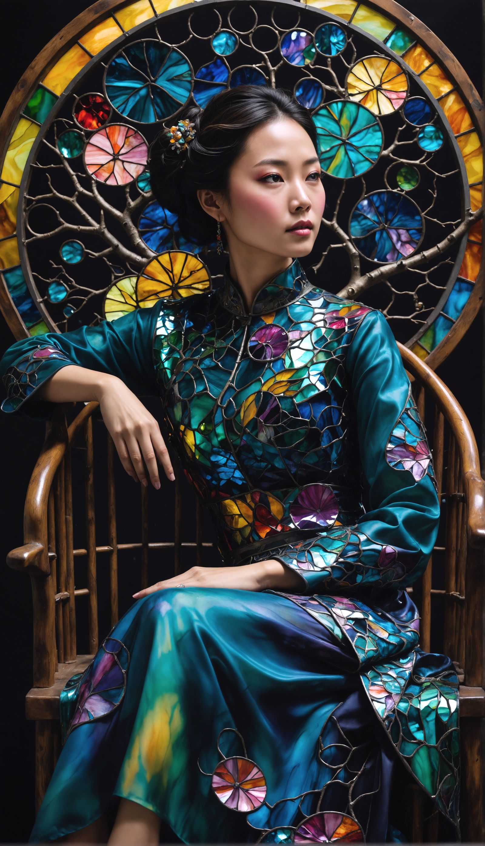 Ethereal Chinese Goddess in Stained Glass Artwork