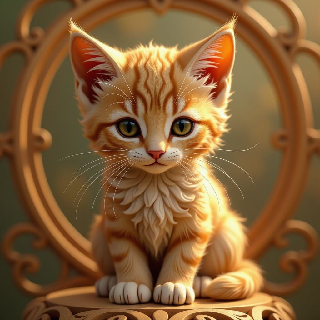 Art Nouveau Style Carved Wooden Kitten Sculpture