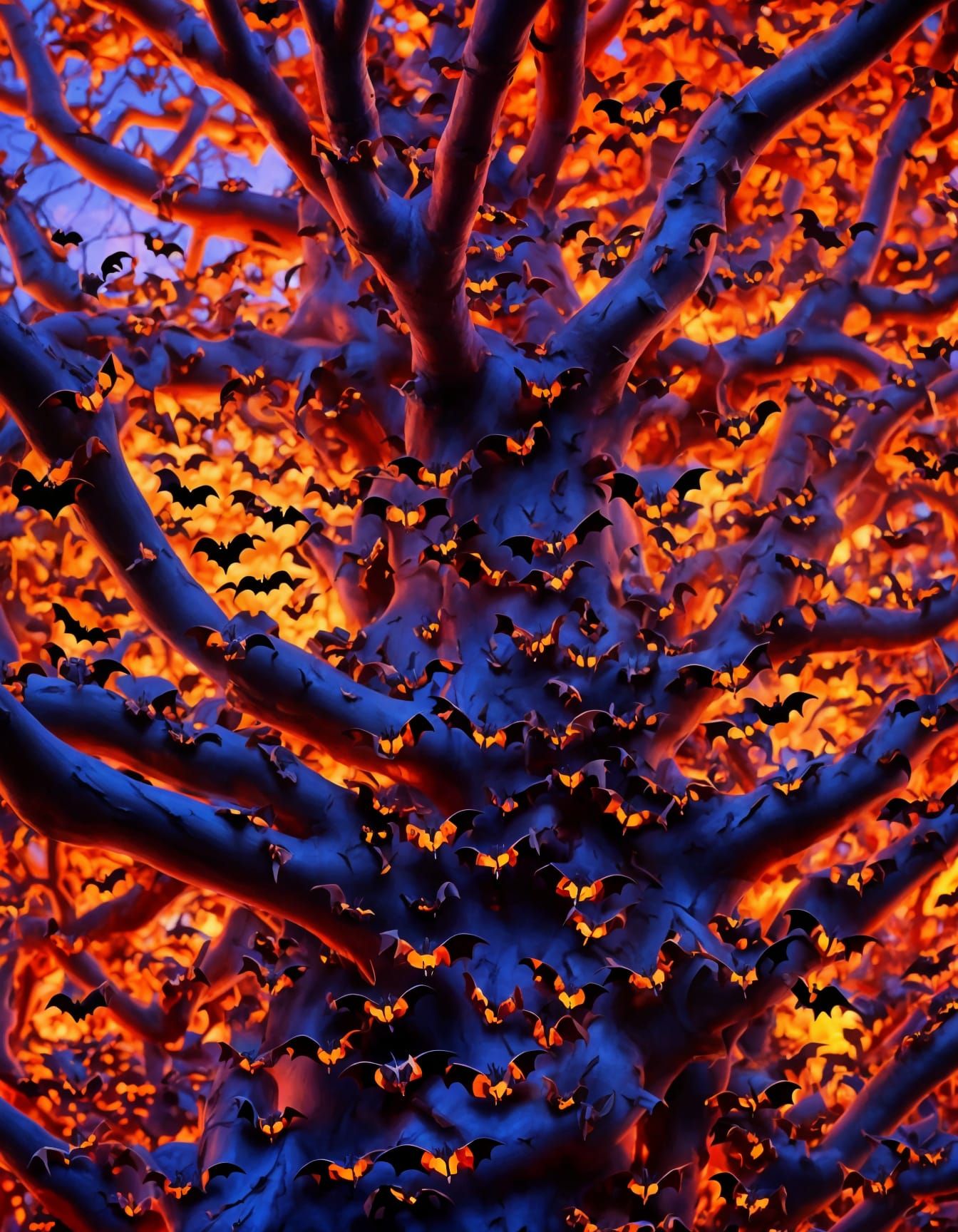 Bats Hanging in Halloween Tree